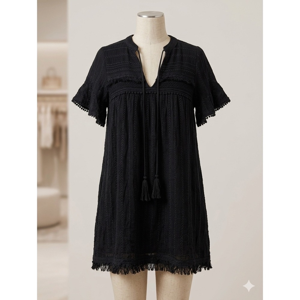 Allison New York Black Embroidered Babydoll Boho Mini Dress Small S Fringe Lace
